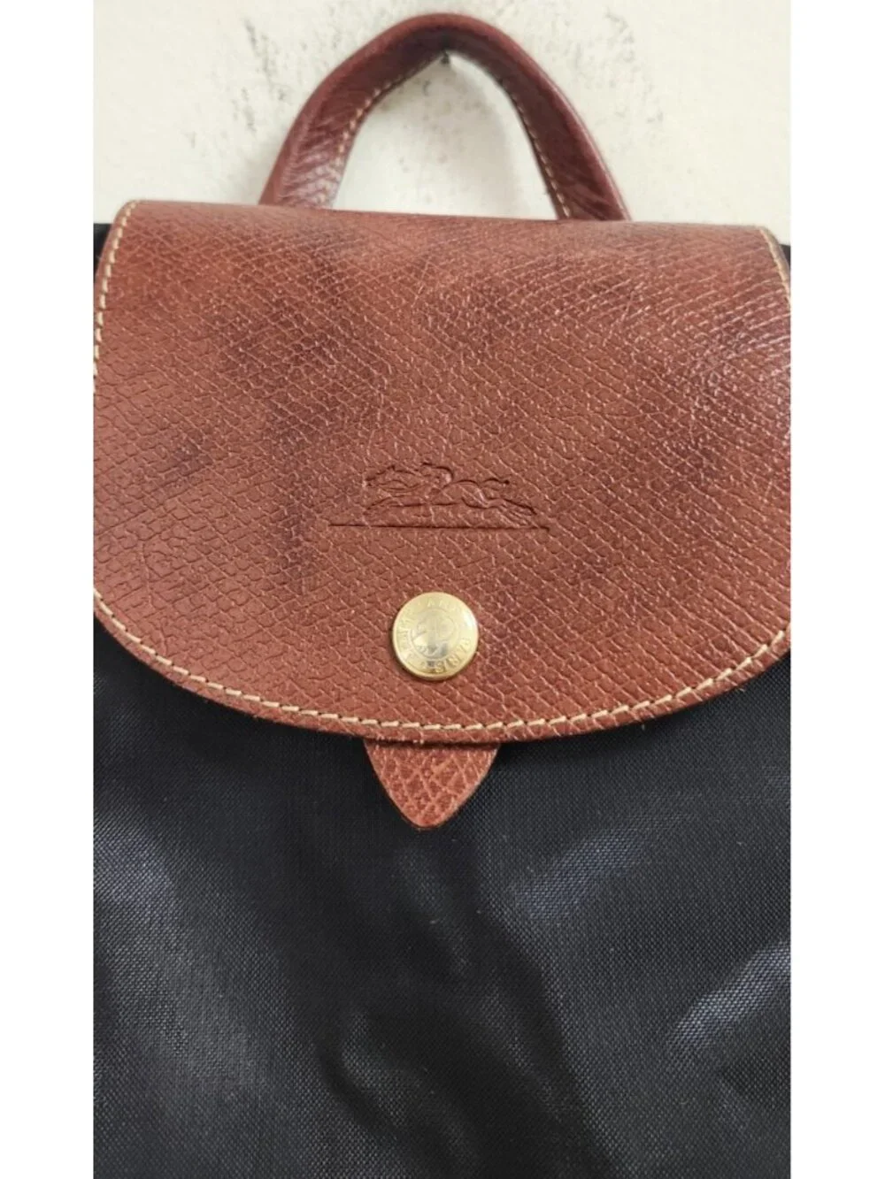 Longchamp Le Pliage Backpack Black Nylon Brown Leather Foldable NWOT